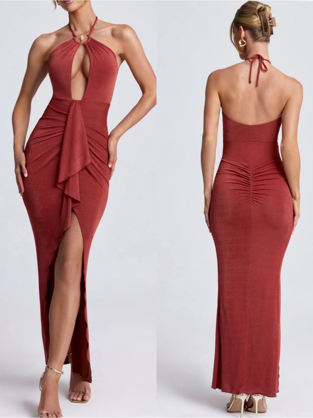 Oh Polly Margot Hardware Detail Cut-Out Halterneck Maxi Dress Auburn Brown